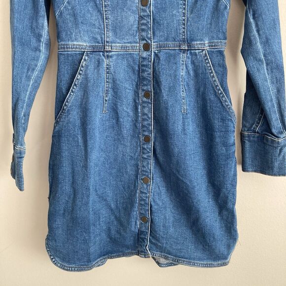 Free People Dynomite Blue Denim Dress Snap Front Medium Wash Mini Size XS - Picture 7 of 12